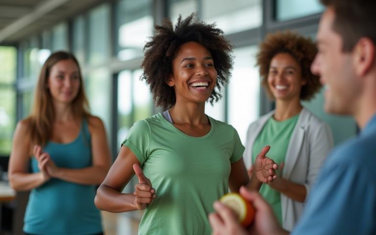 Diverse employees participating in a corporate wellness event, such as a yoga session or healthy cooking class.