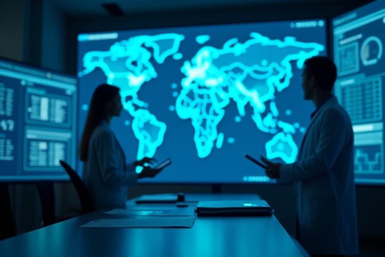 Sophisticated public health policy documents and global health data displayed on a large screen, with a data scientist working.